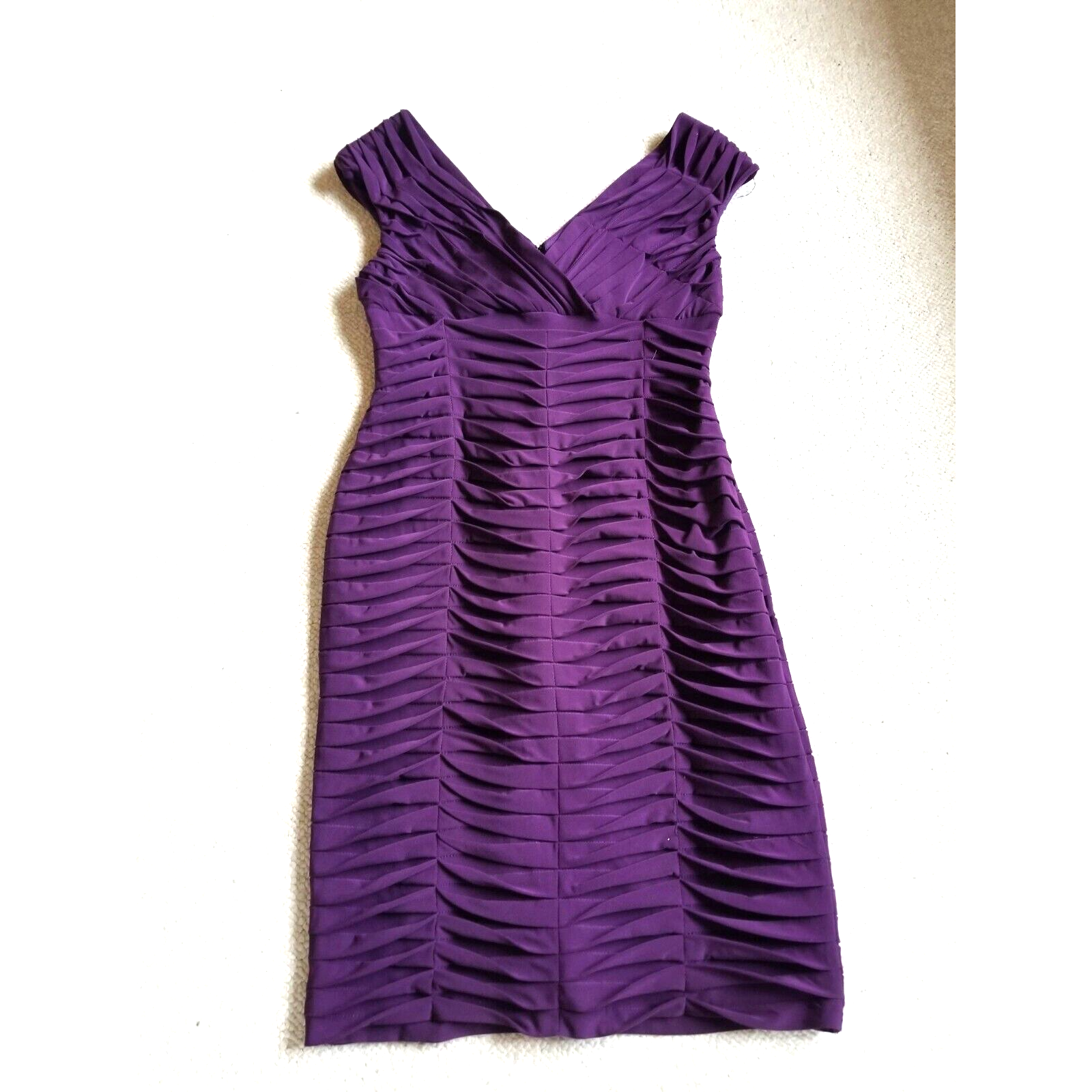 Womens Dress-Adirianna Papell-Purple Stretch Knit Pleated Vneck Pencil Slvlss-10